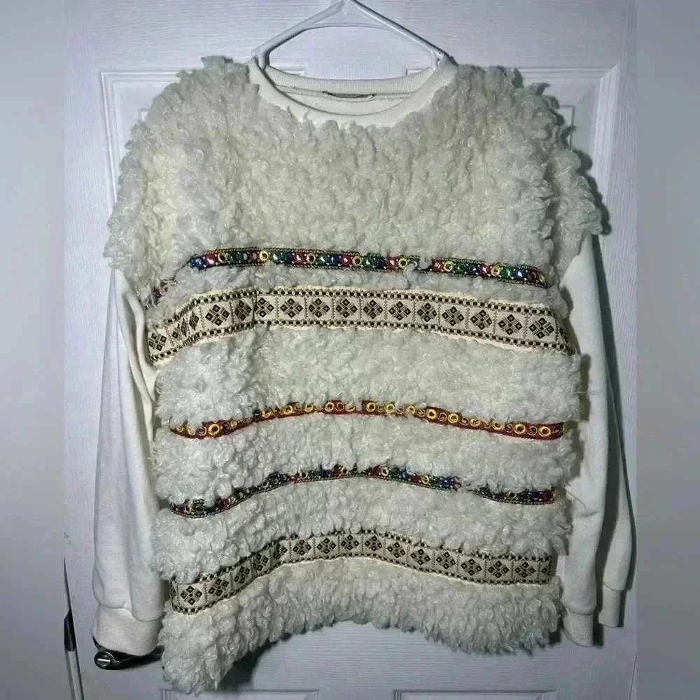 Zara Trafaluc Cream Sherpa front sweater w/bead embellishments. Size Small - Picture 2 of 9